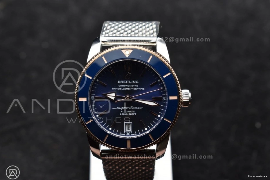 Ceramic BLSF SS Blue Dial and RG Blue II Bracelet Bezel A SuperOcean WaterResistant 1172 Mesh 42mm Heritage Bezel on 1213